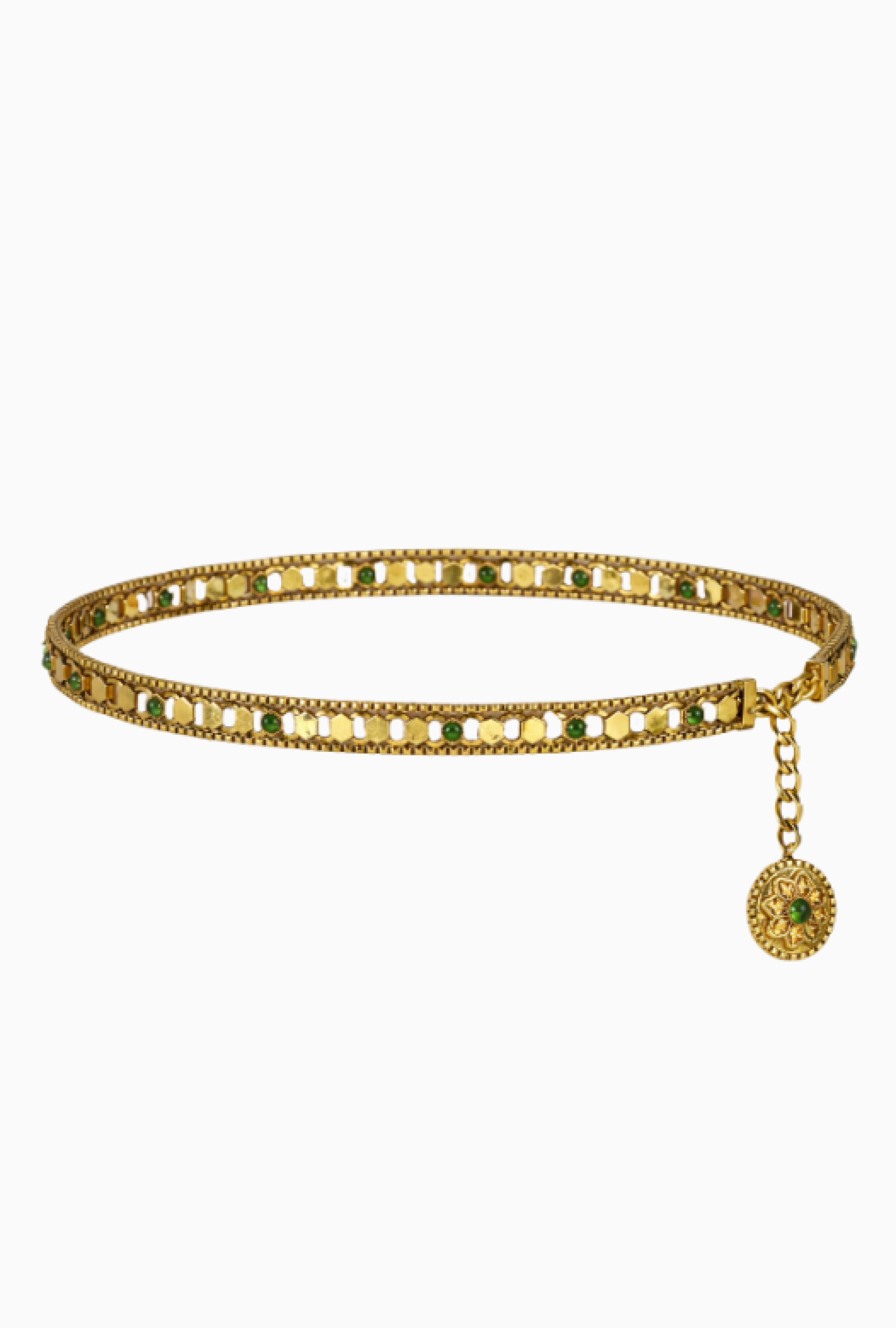 Ceinture Chanel  Chaîne Dorée à Cabochons Verts Circa 1960 par Robert Goossens