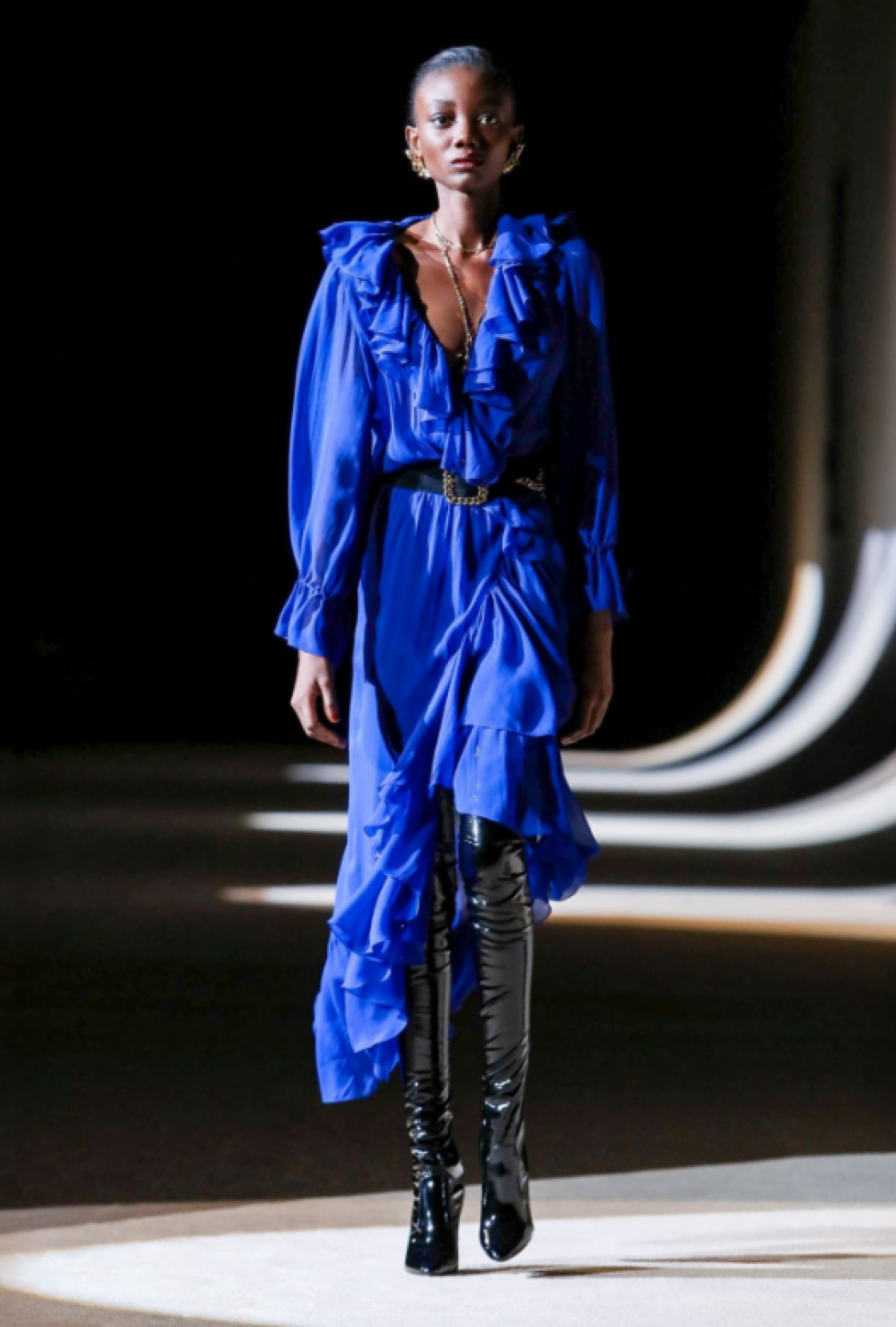 Robe Yves Saint Laurent Volants Fluide Bleu Électrique Fw2020