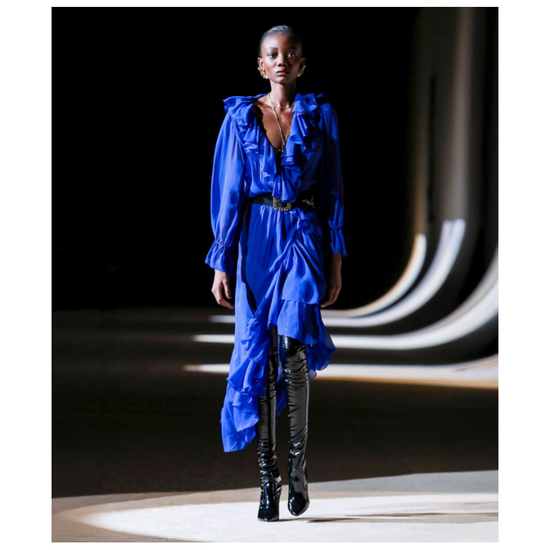 Robe Yves Saint Laurent Volants Fluide Bleu Électrique Fw2020