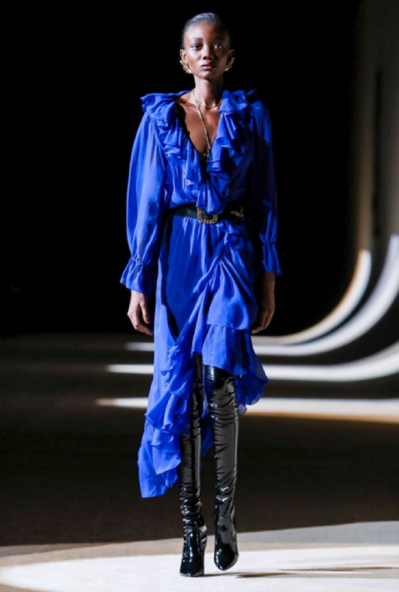 Robe Yves Saint Laurent Volants Fluide Bleu Électrique FW2020