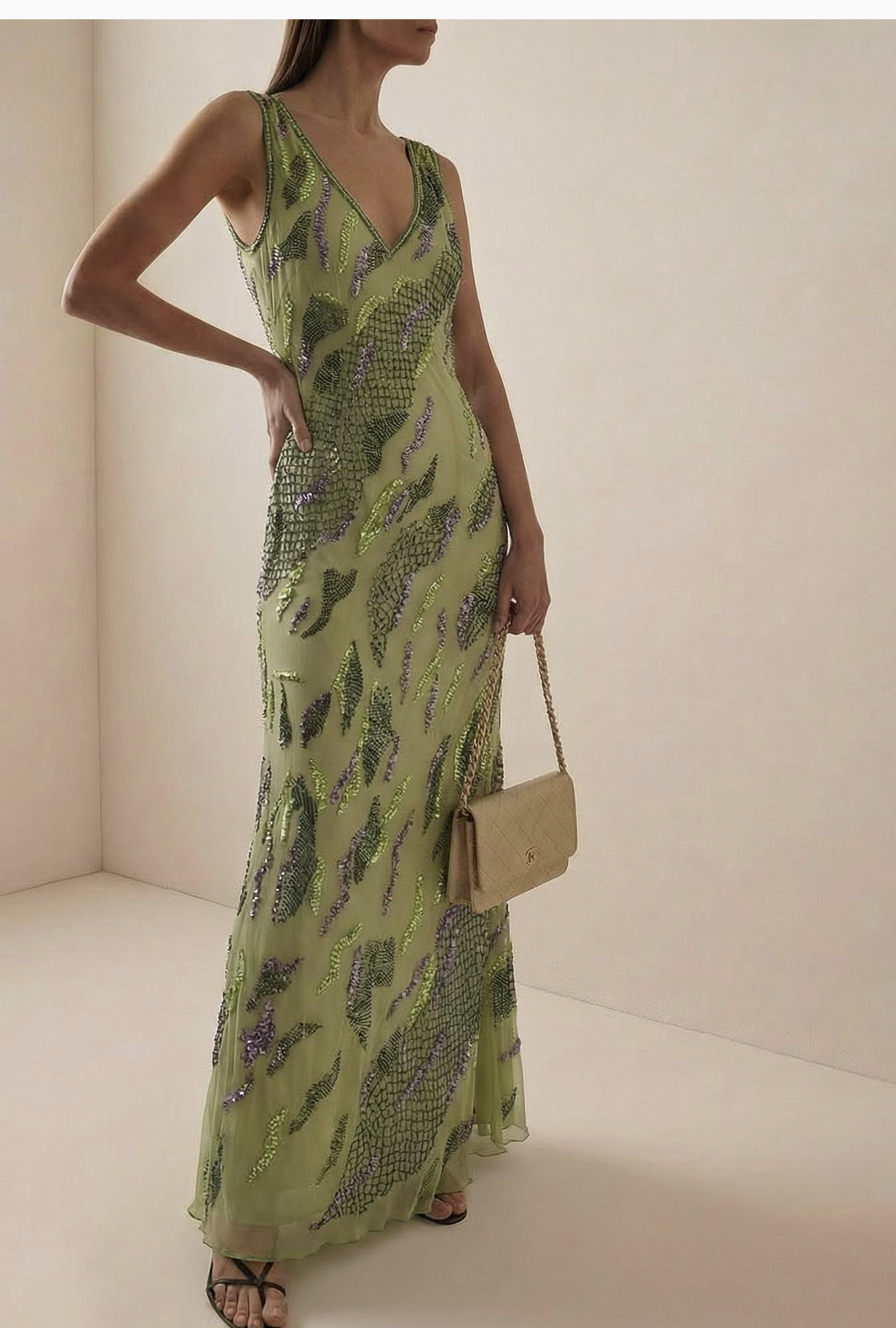 Frank Usher Dress Sirène Vert Anis Brodé