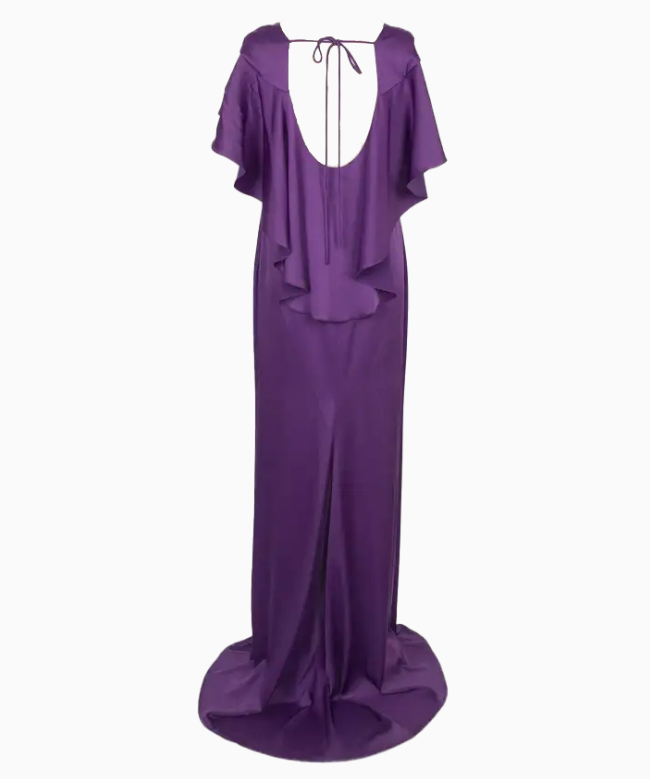 Location et Achat Robe Paule Ka, modèle Satin Violet Drapé 3