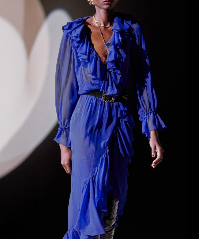 Location et Achat Robe Yves Saint Laurent, modèle Volants Fluide Bleu Électrique FW2020 4