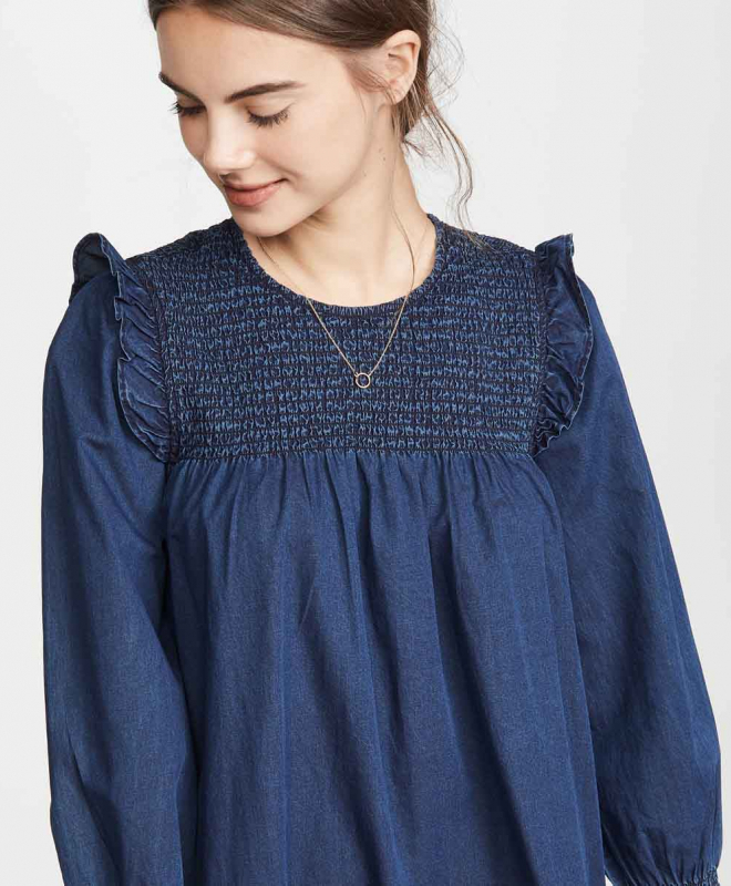 Location Robe MADEWELL Indigo Ruffle Neck Smocked Babydoll 4